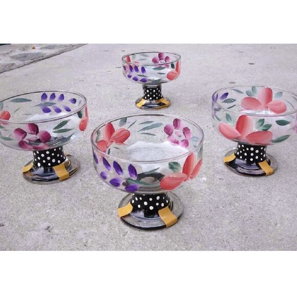 Whimsical Set of 4 Hand Painted Flowers Glass Dessert, Compote, Ice Cream Bowls - Picture 3 of 10
